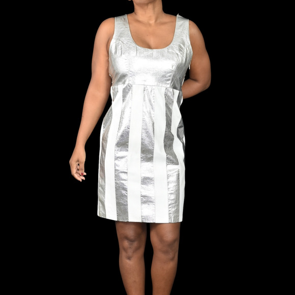Vintage Leather Dress Silver Metallic White Striped Sheath Pencil Straight Large - Picture 12 of 15